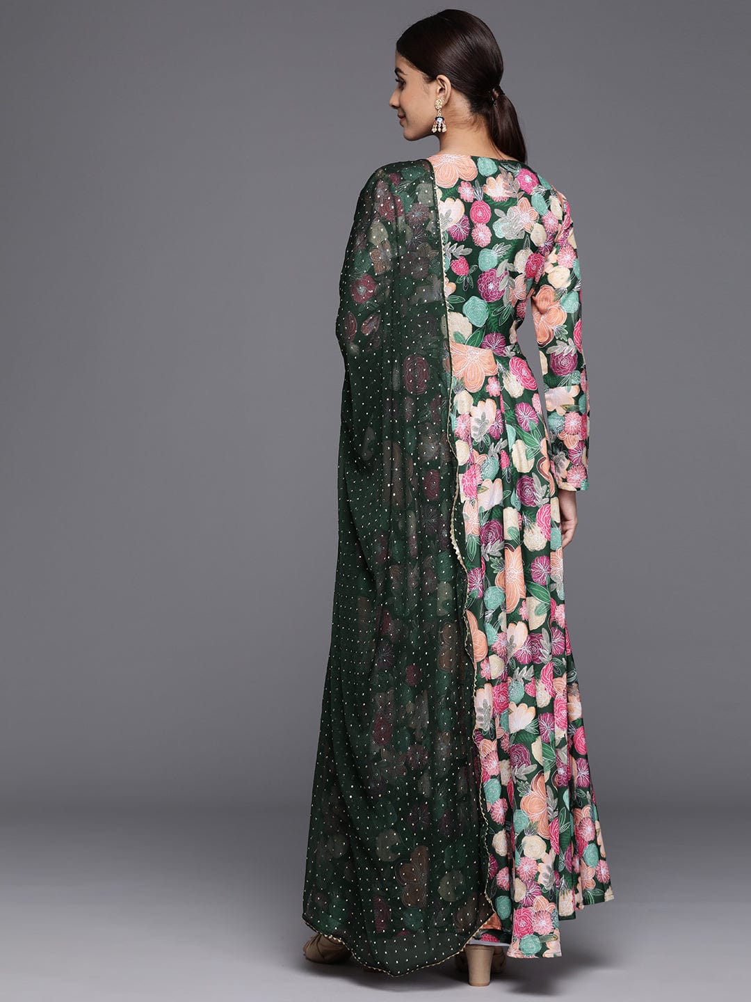 Varanga WomenWomen Green Floral Printed Angrakha Style Anarkali Kurta Paired With Dupatta