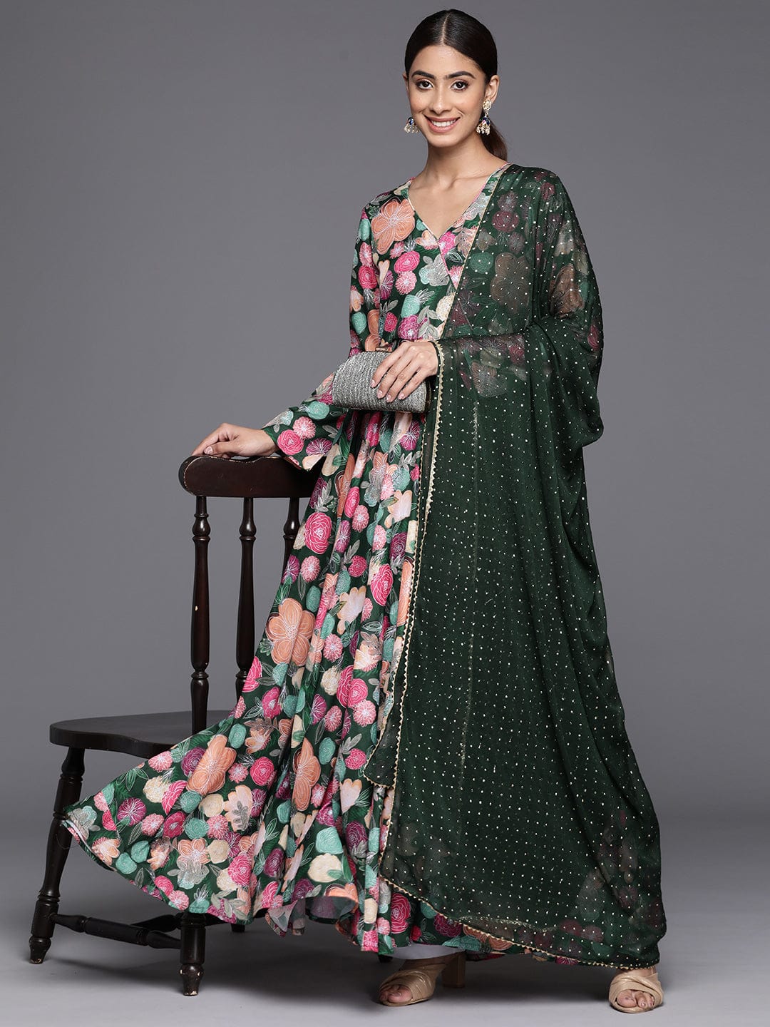 Varanga WomenWomen Green Floral Printed Angrakha Style Anarkali Kurta Paired With Dupatta