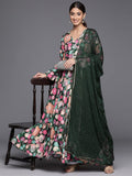 Varanga WomenWomen Green Floral Printed Angrakha Style Anarkali Kurta Paired With Dupatta