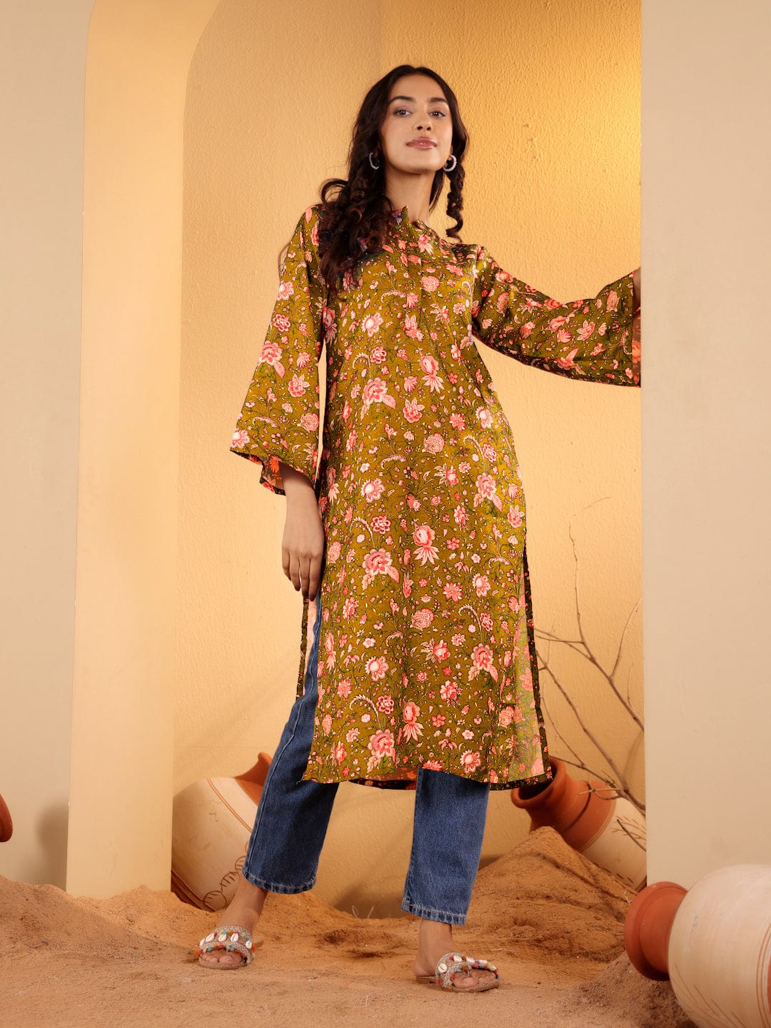 Varanga Women Mustard Floral Printed Straight Kurta With Flared Sleeves