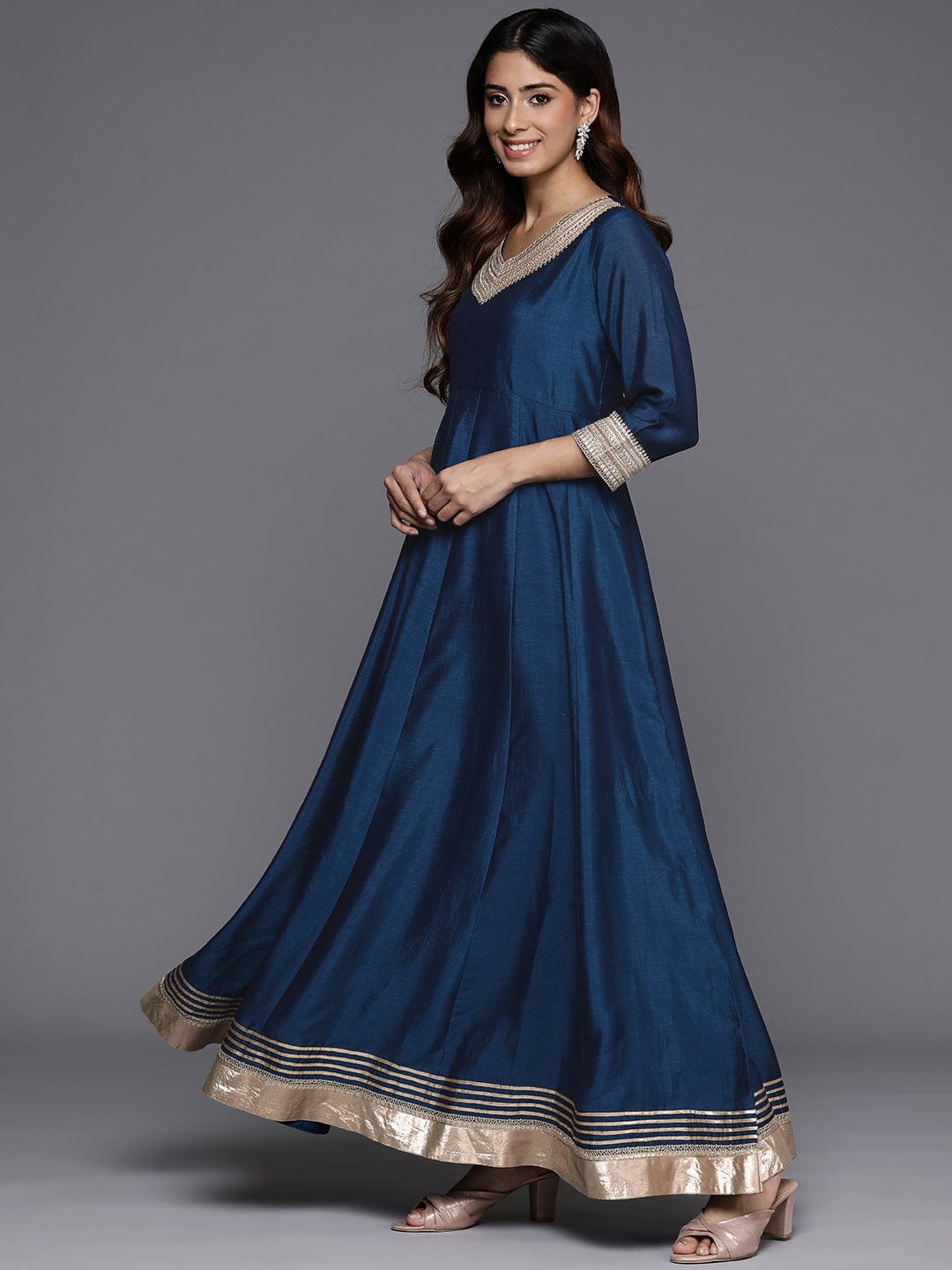Varanga Women Blue Lace Embroidered Anarkali Kurta Paired With Net Sequined Dupatta