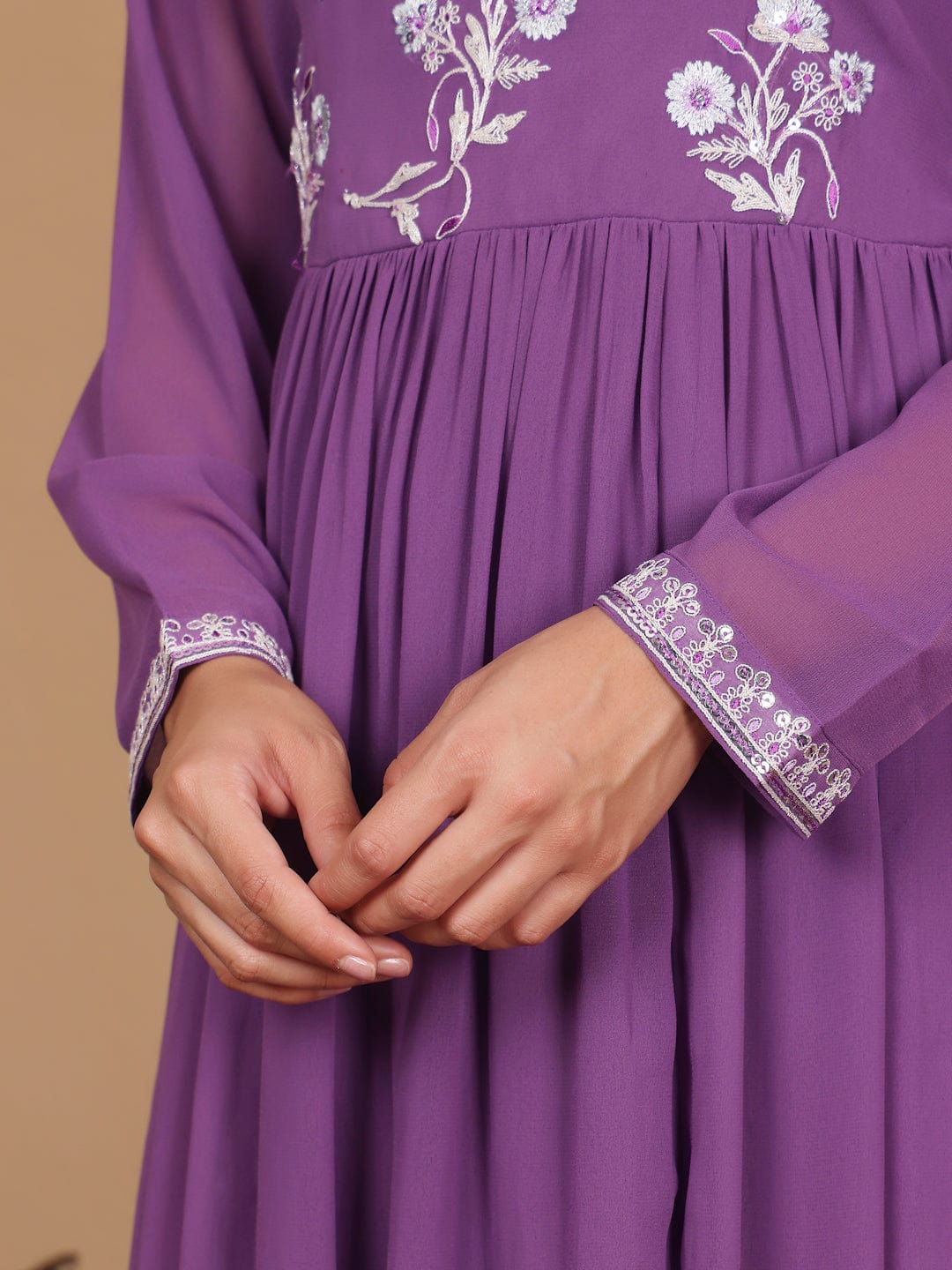 Varanga Women Lavender Zari Thread Embroidered Flared Kurta with Dupatta