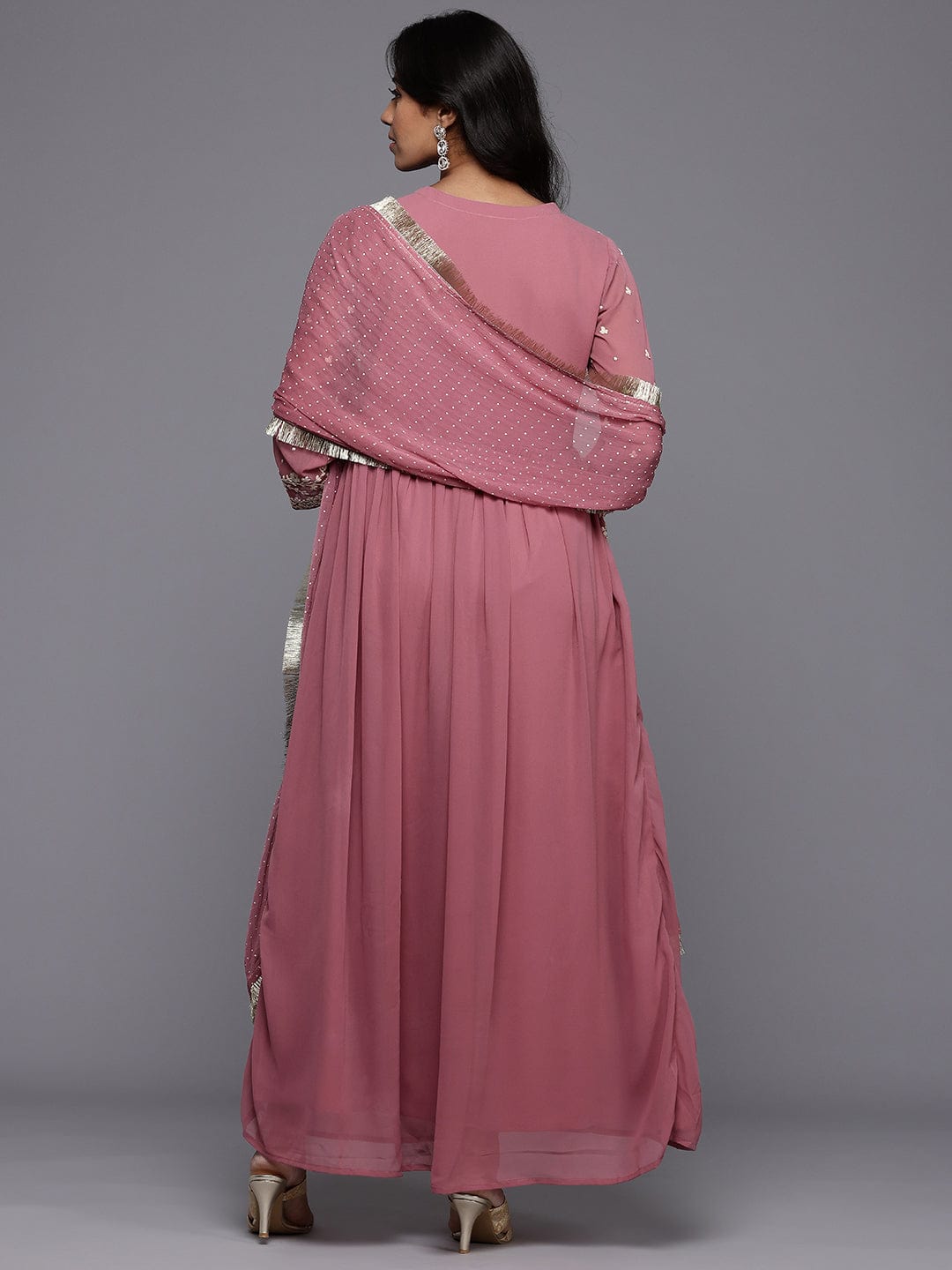 Varanga Women Mauve V Neck with Dori and Zari Embroidered Anarkali Kurta with Dupatta