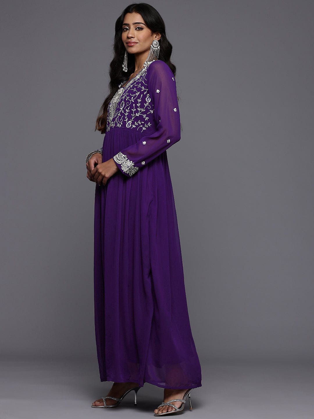Varanga Women Purple V Scalloped Neck with Zari and Thread Embroidered Anarkali Kurta with Dupatta