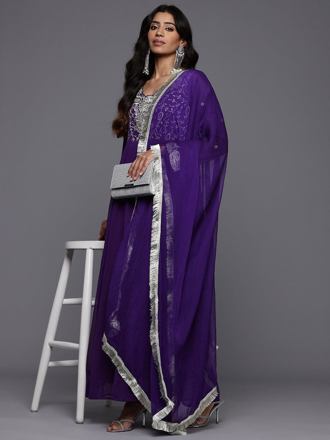 Varanga Women Purple V Scalloped Neck with Zari and Thread Embroidered Anarkali Kurta with Dupatta