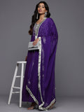 Varanga Women Purple V Scalloped Neck with Zari and Thread Embroidered Anarkali Kurta with Dupatta
