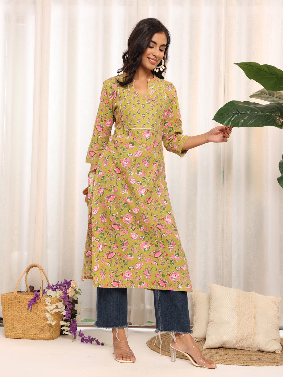 Varanga Women Ethnic Floral Printed Gota Yoke Designed Kurta