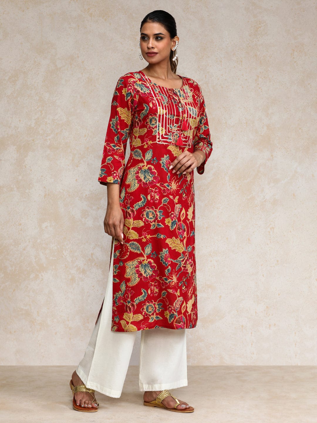 Varanga Women Bold Floral Printed With Lace gota patti Detailed Yoke Kurta