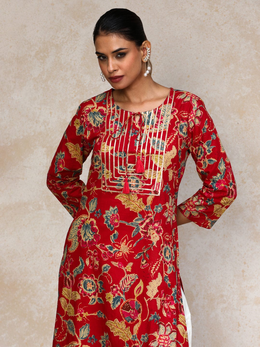 Varanga Women Bold Floral Printed With Lace gota patti Detailed Yoke Kurta