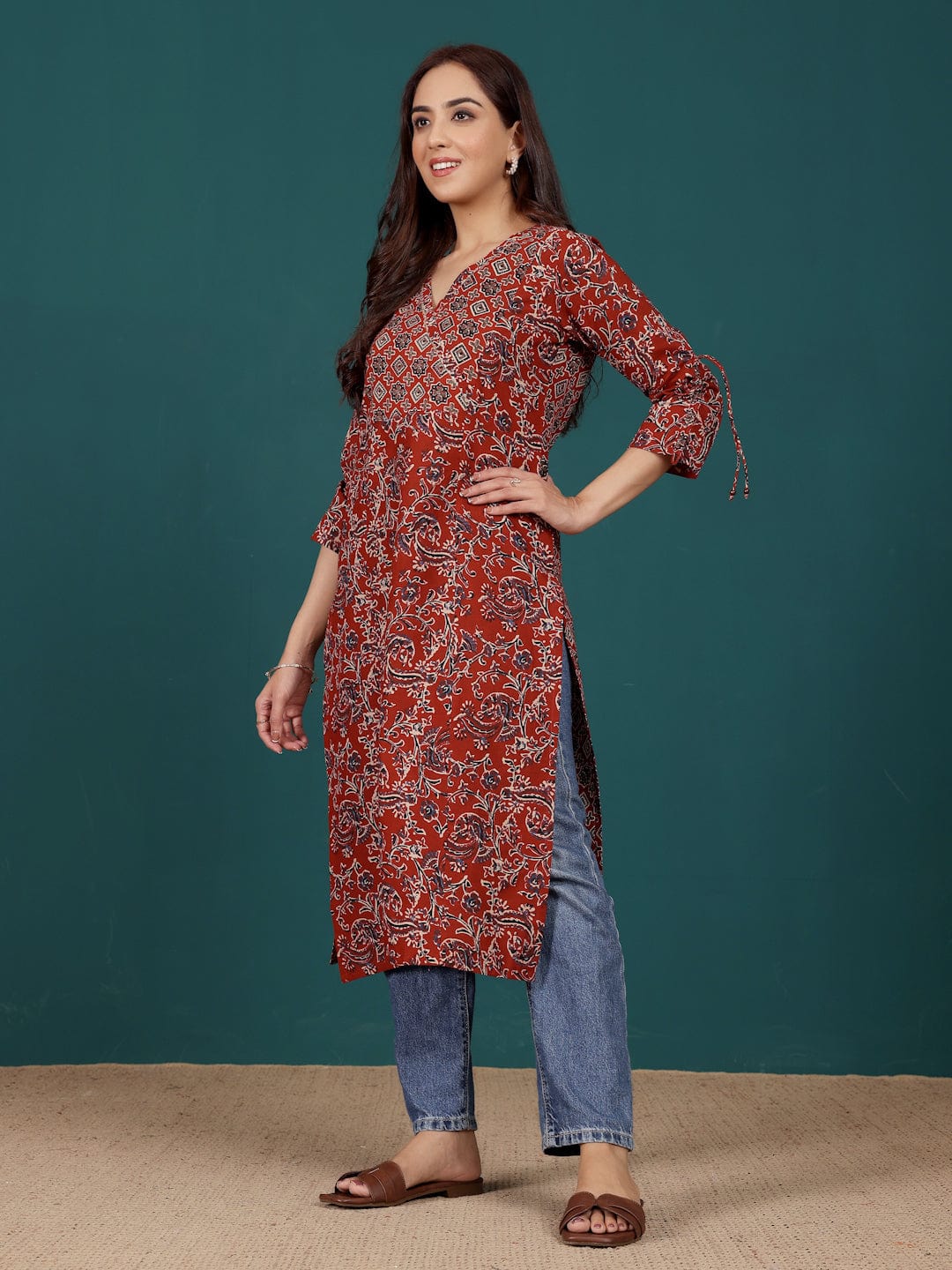 Varanga Women Ethnic Jaipuri Printed V Neck Fashion Sleeve Straight Kurta