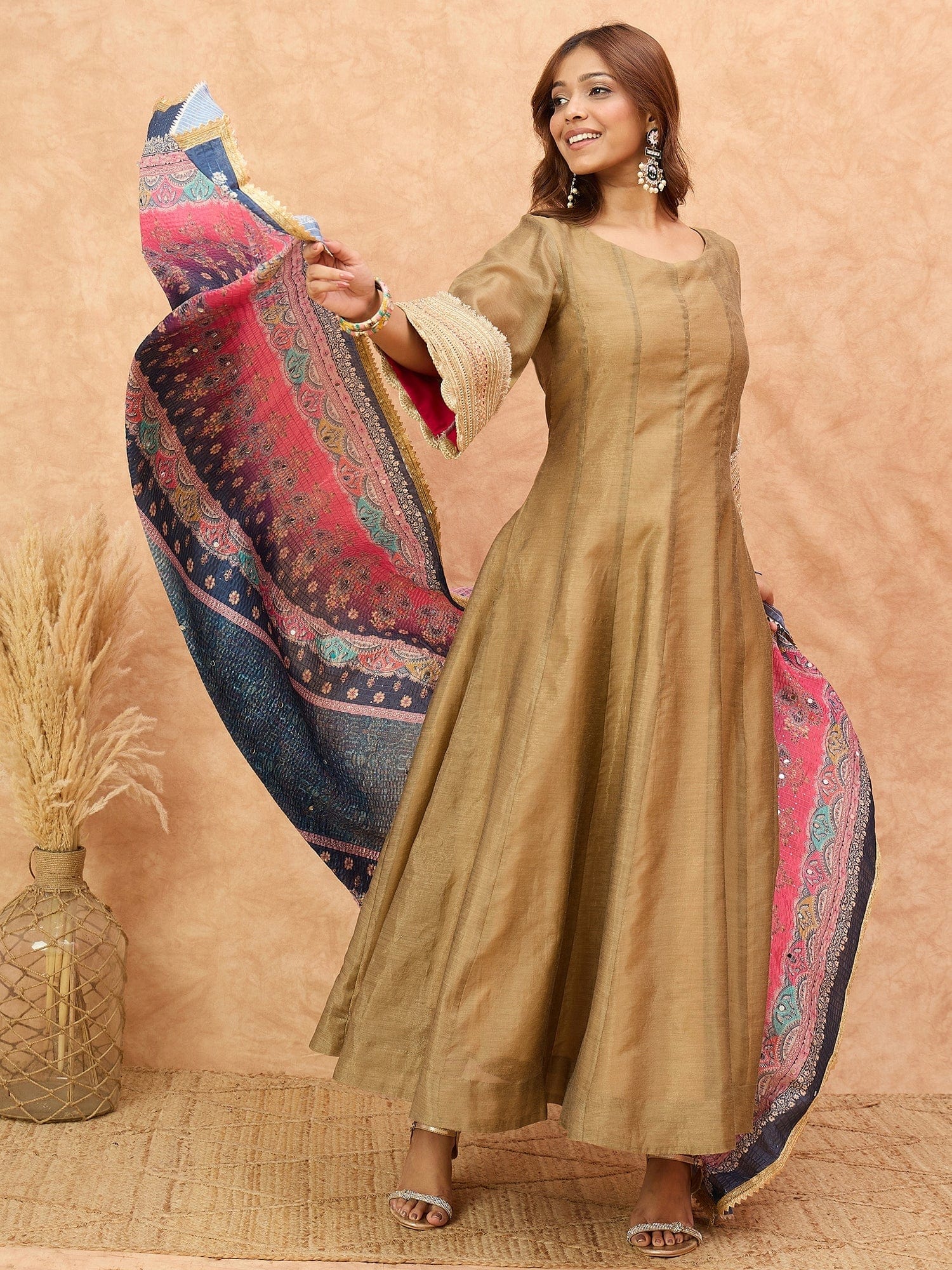 Varanga Women Shimmer Anarkali Featuring Lace-Detailed Sleeves And A Tasseled Dori at The Back Neck, Paired With a Printed Dupatta Embellished With Mirror .
