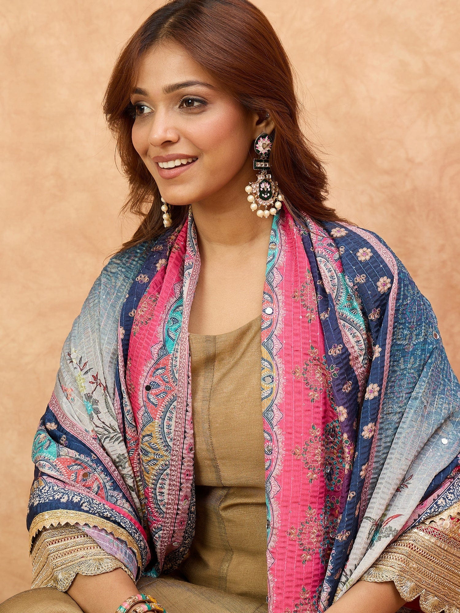 Varanga Women Shimmer Anarkali Featuring Lace-Detailed Sleeves And A Tasseled Dori at The Back Neck, Paired With a Printed Dupatta Embellished With Mirror .