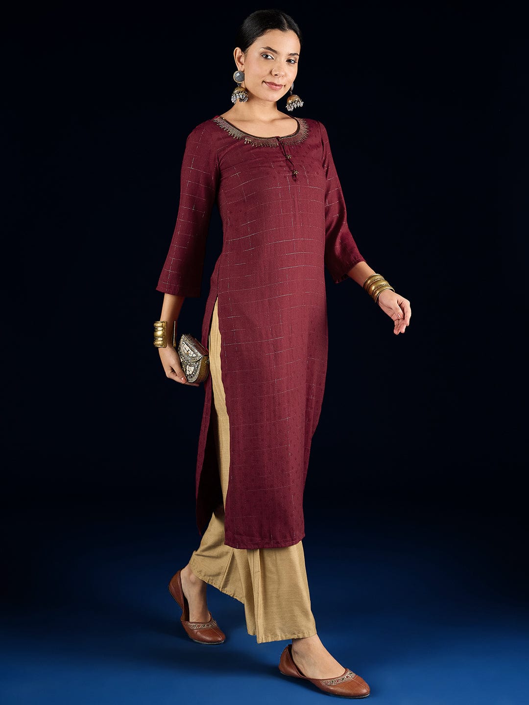 Varanga Maroon  Straight-Fit Kurta With Sequence Detailing