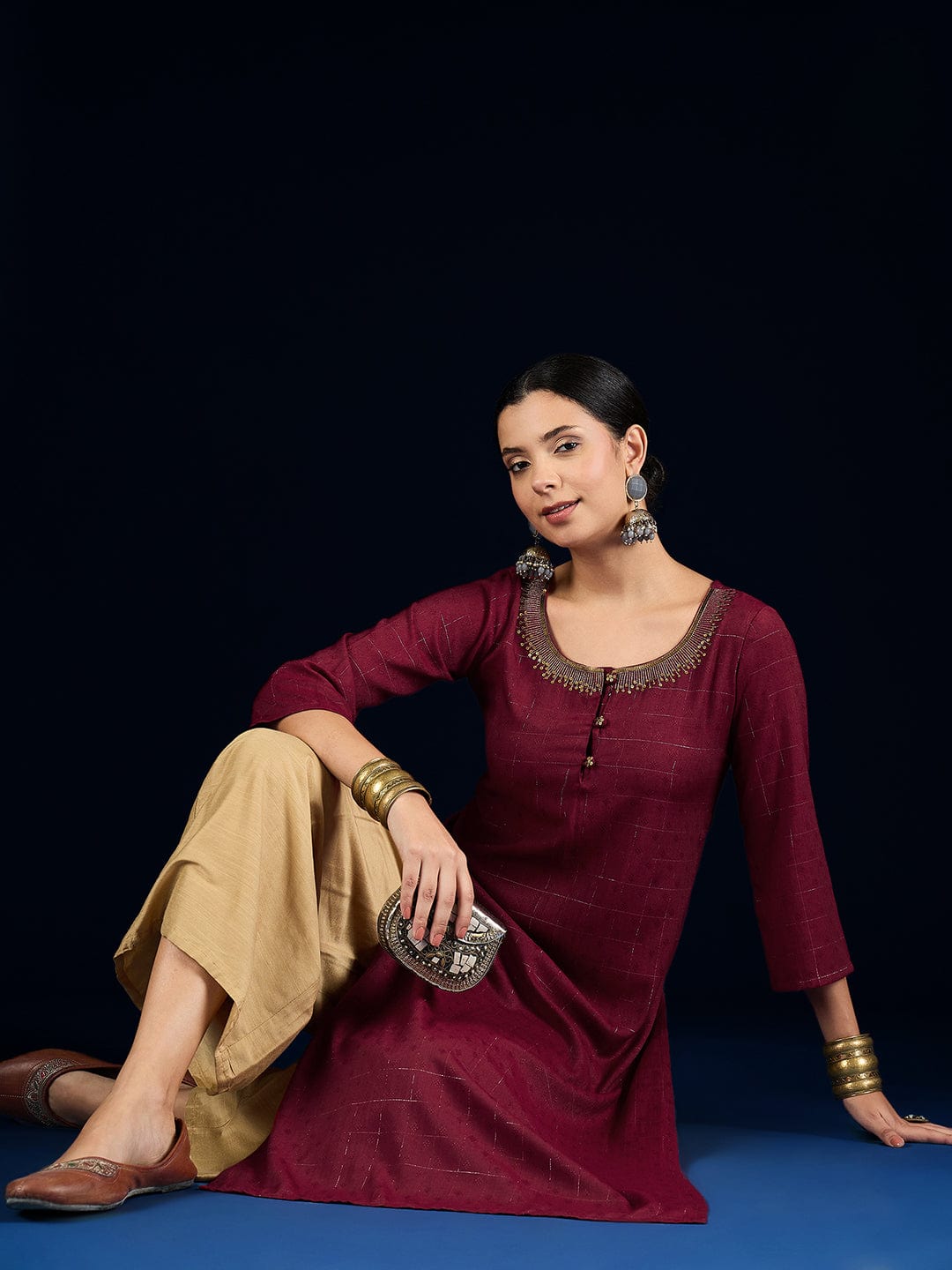 Varanga Maroon  Straight-Fit Kurta With Sequence Detailing