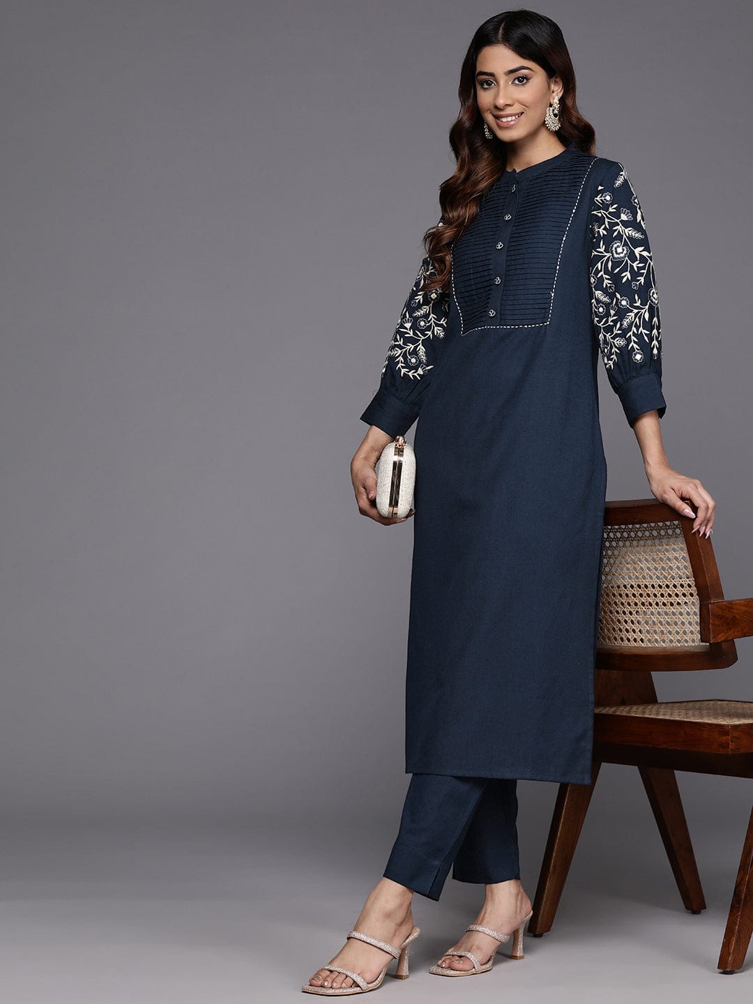 Varanga Women Blue Embroidered Kurta With Bottom