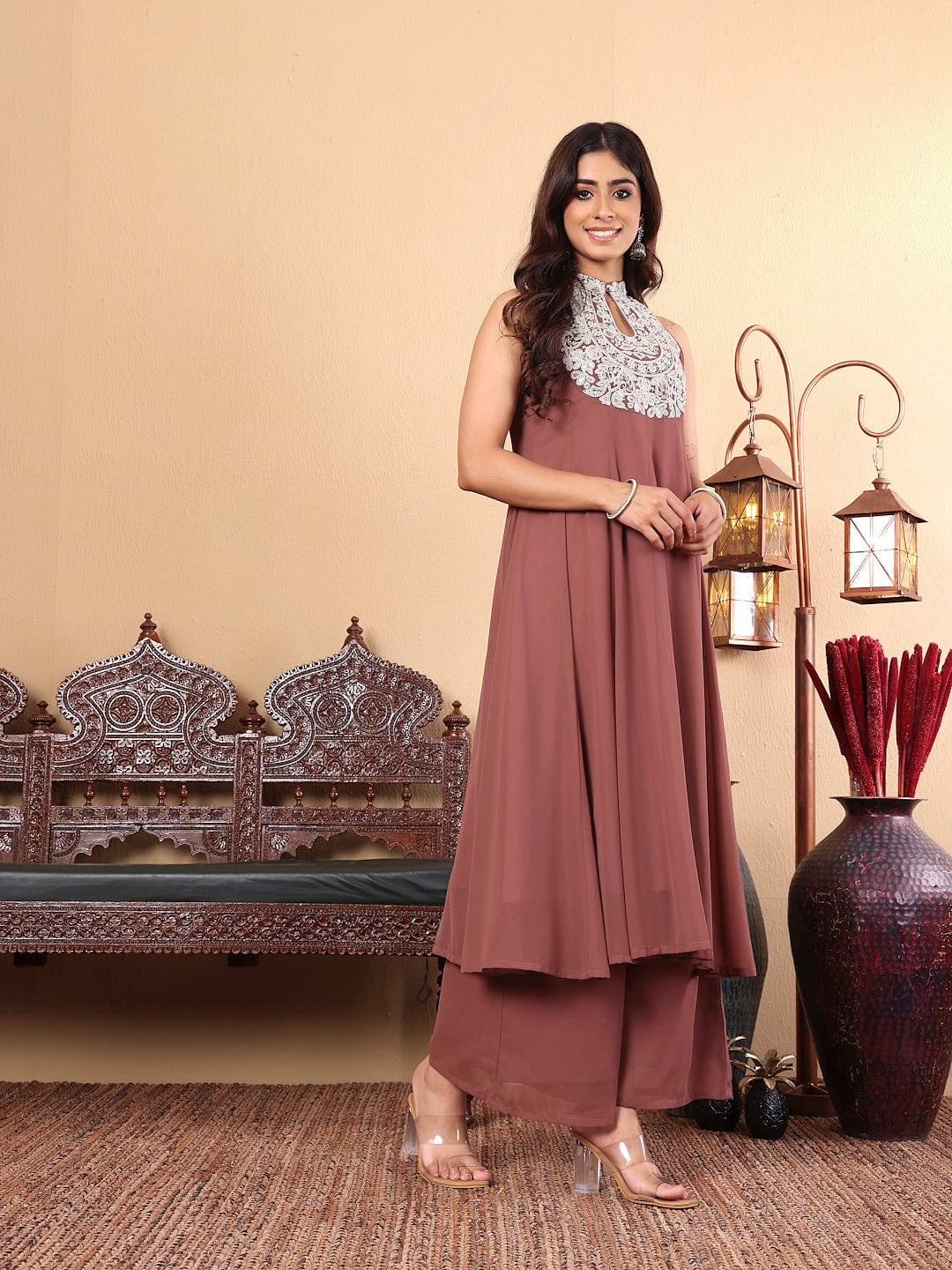 Varanga Women Nude Yoke Embroidered Sleeveless Flared Kurta with Trousers