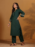 Varanga Women Green Mandarin Collar Thread Embroidered With Pleated Detailing Kurta Paired With Bottom