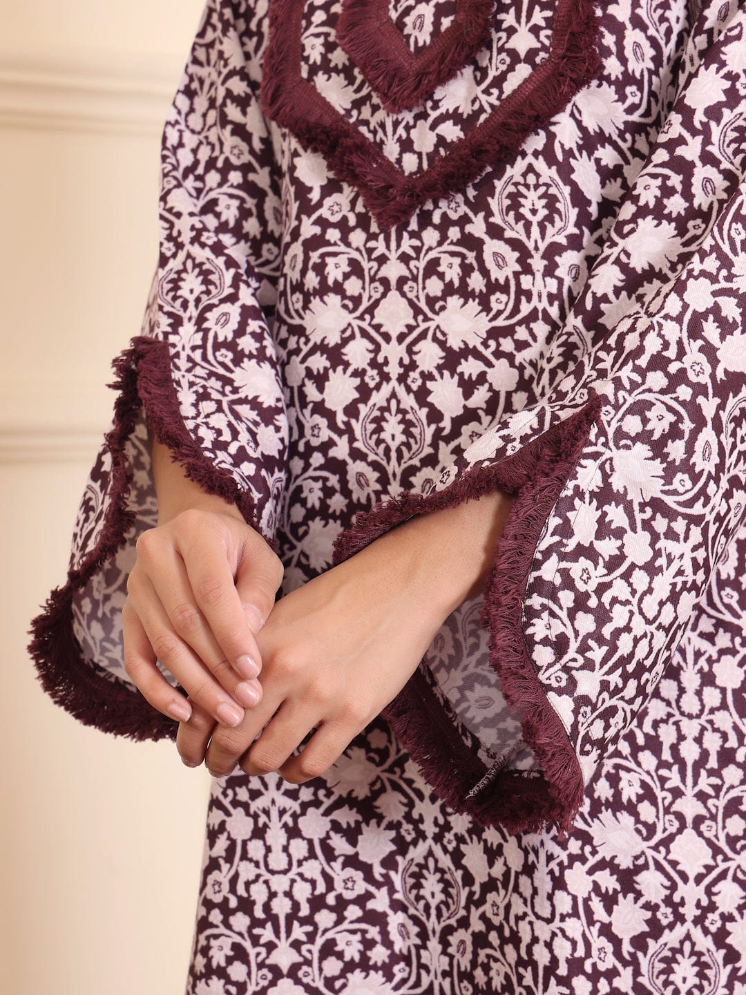 Varanga Women Coffee Brown Printed Winter Straight Kurta With Printed Bottom.
