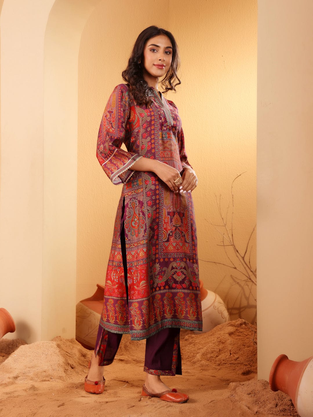 Varanga Women Pink Floral Printed Gota Embellished Flared Sleeve Kurta With Solid Trouser. And Dupatta