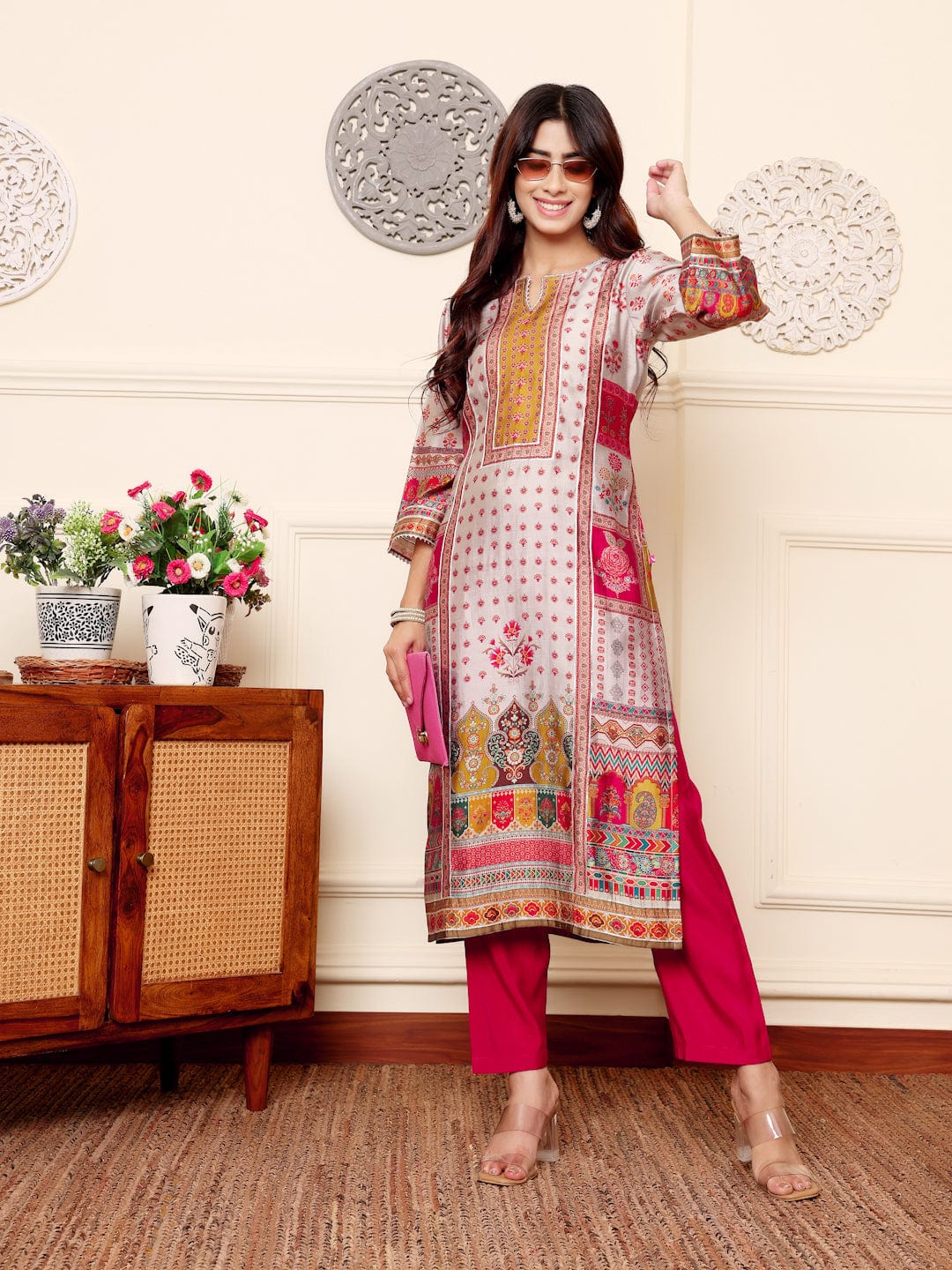 Varanga Women Grey Ethnic Floral Printed Gota Embellished Kurta With Solid Trouser.