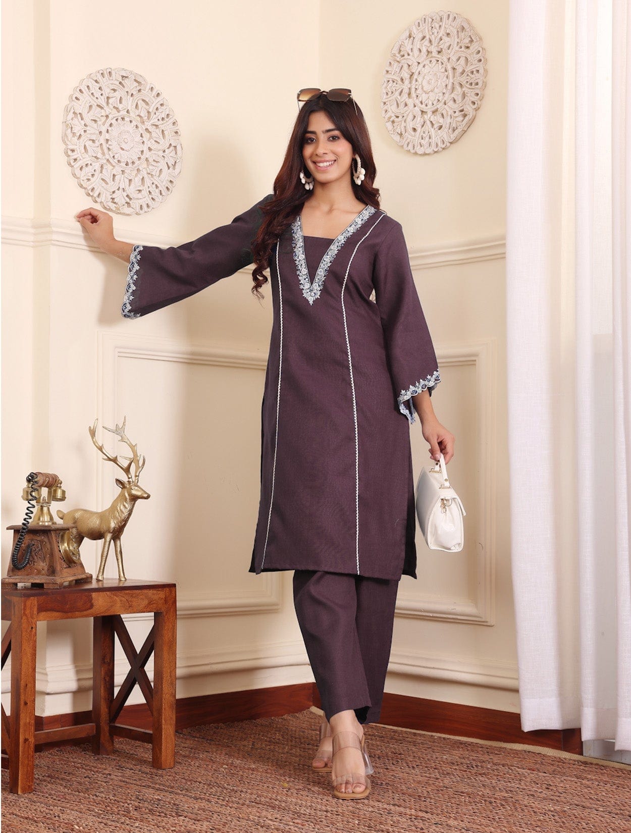 Zari Embroidered Violet Flared Sleeve Kurta With Trouser