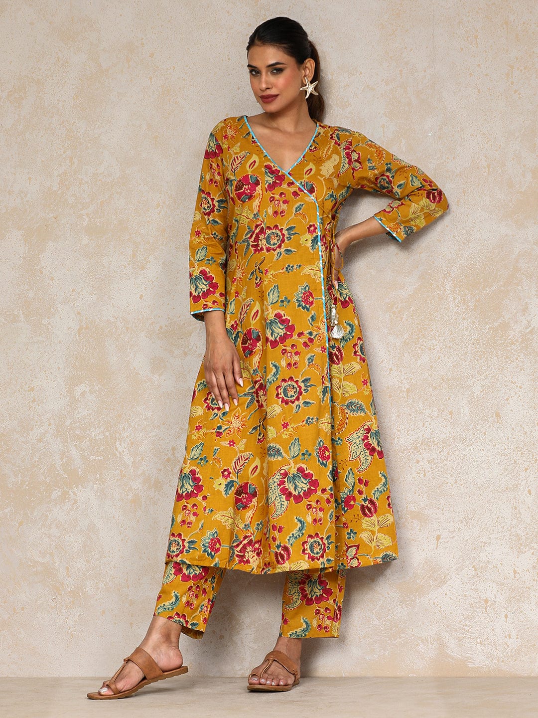 Varanga Women Ethnic Jaipuri Floral Printed Angrakha Anarkali Kurta With Trouser