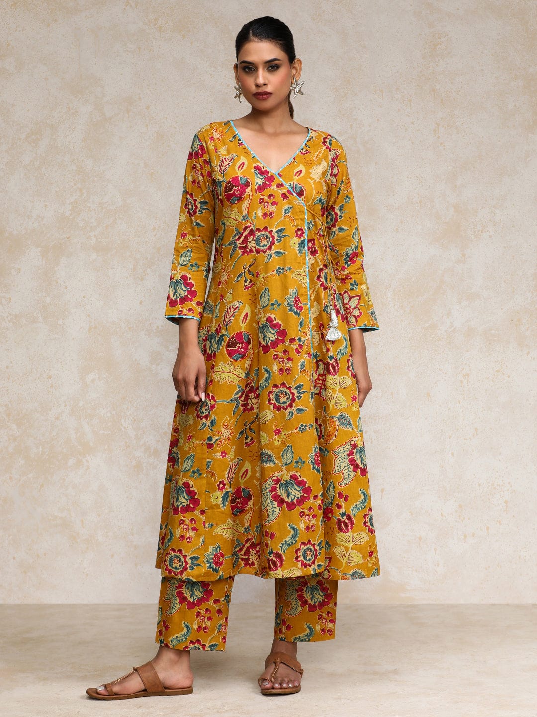 Varanga Women Ethnic Jaipuri Floral Printed Angrakha Anarkali Kurta With Trouser