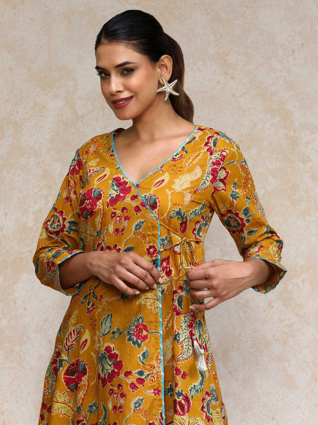 Varanga Women Ethnic Jaipuri Floral Printed Angrakha Anarkali Kurta With Trouser