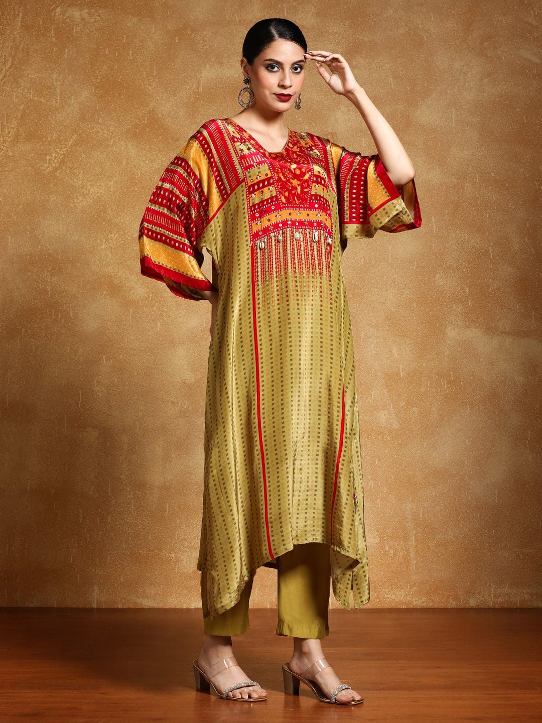 Varanga Women-Floral & Stripper Printed With Shell & Bead Embroidery Kaftan & Trouser
