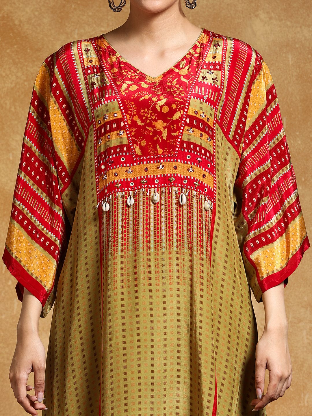 Varanga Women-Floral & Stripper Printed With Shell & Bead Embroidery Kaftan & Trouser