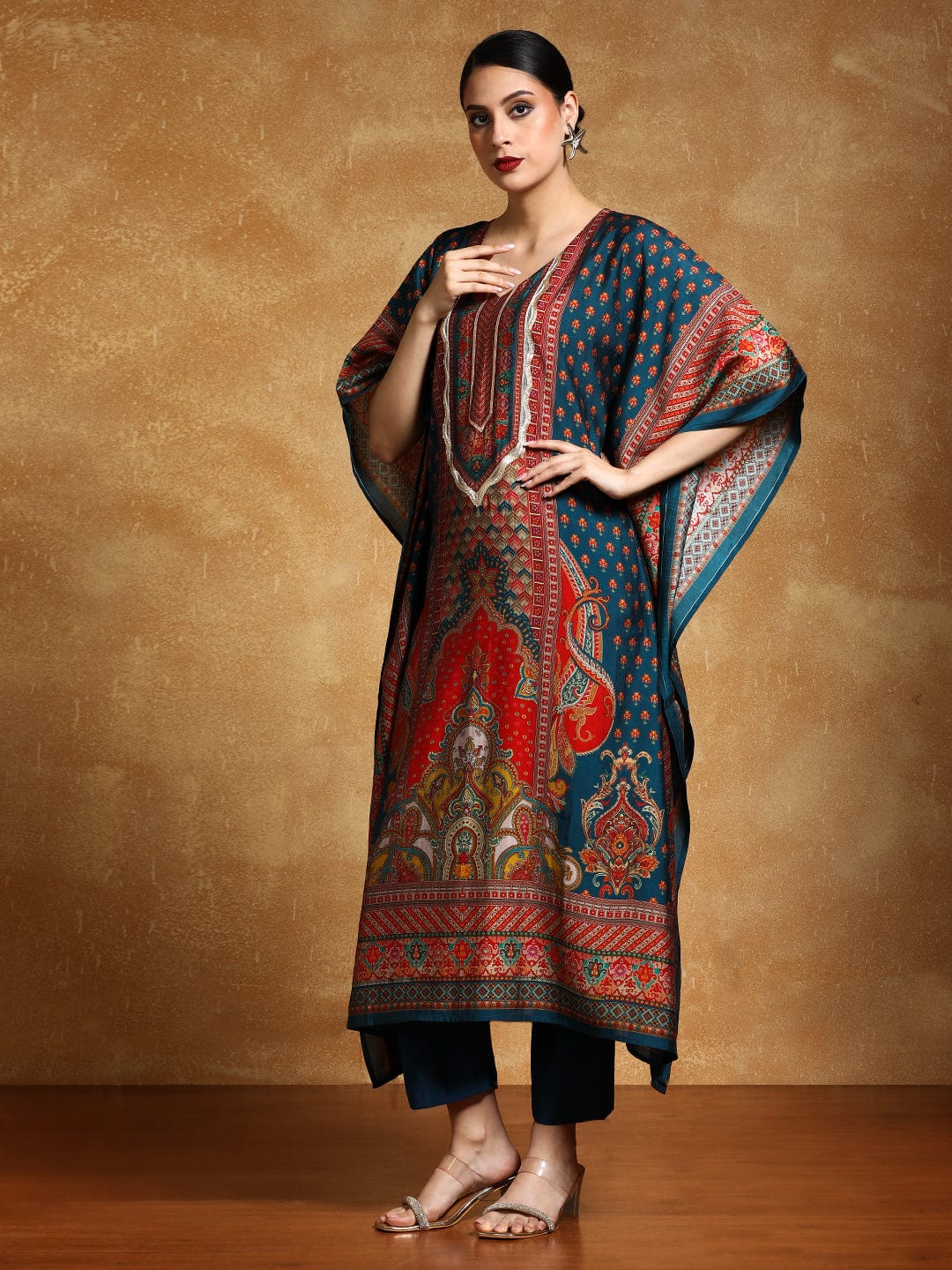 Varanga Women-Zari & Sequin Detailed Ethnic Printed Flared Kaftan With Trouser