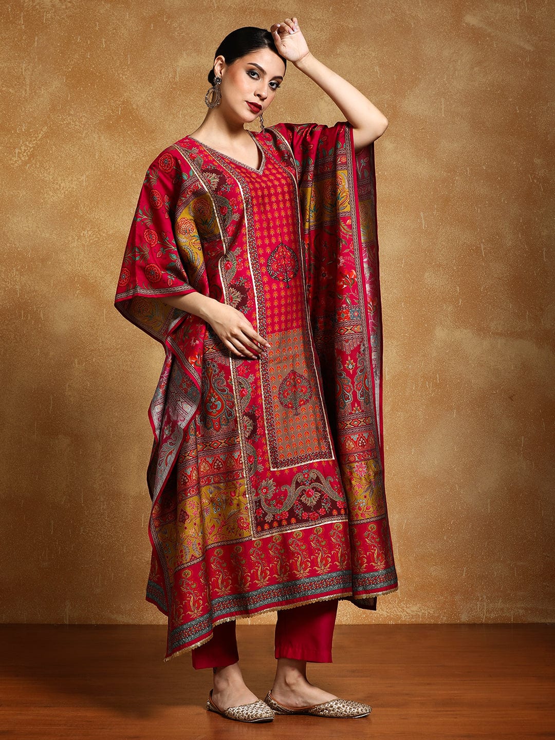 Gota Detailed Ethnic Floral Printed Kaftan & Trouser