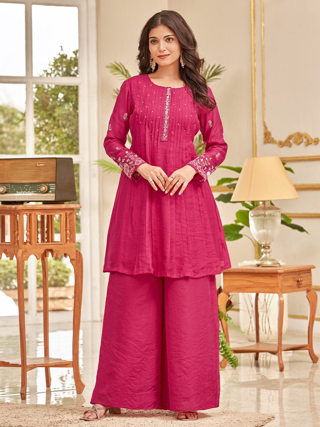 Floral Motif Thread Embroidered Flared Kurta With Palazzo