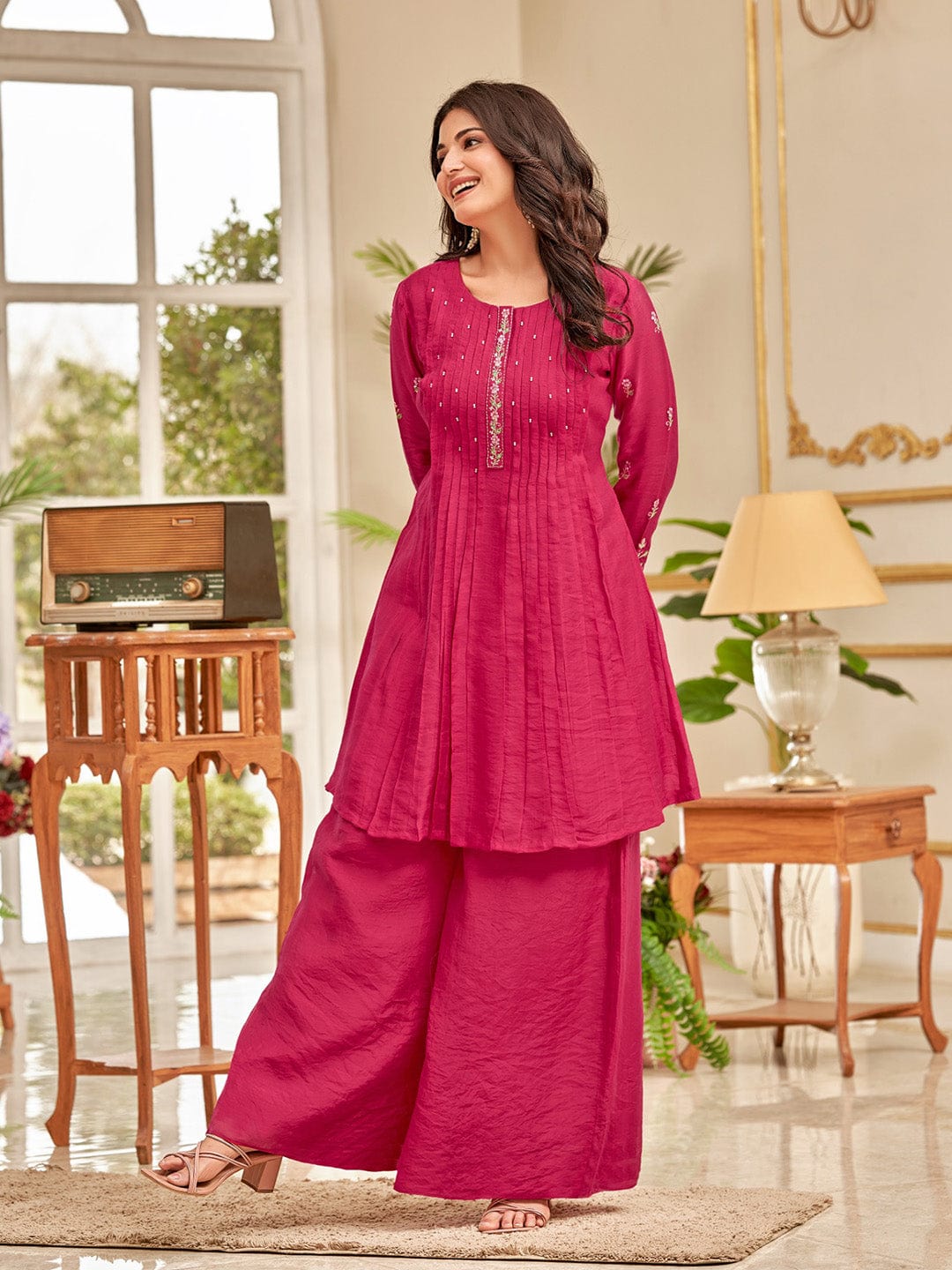 Floral Motif Thread Embroidered Flared Kurta With Palazzo