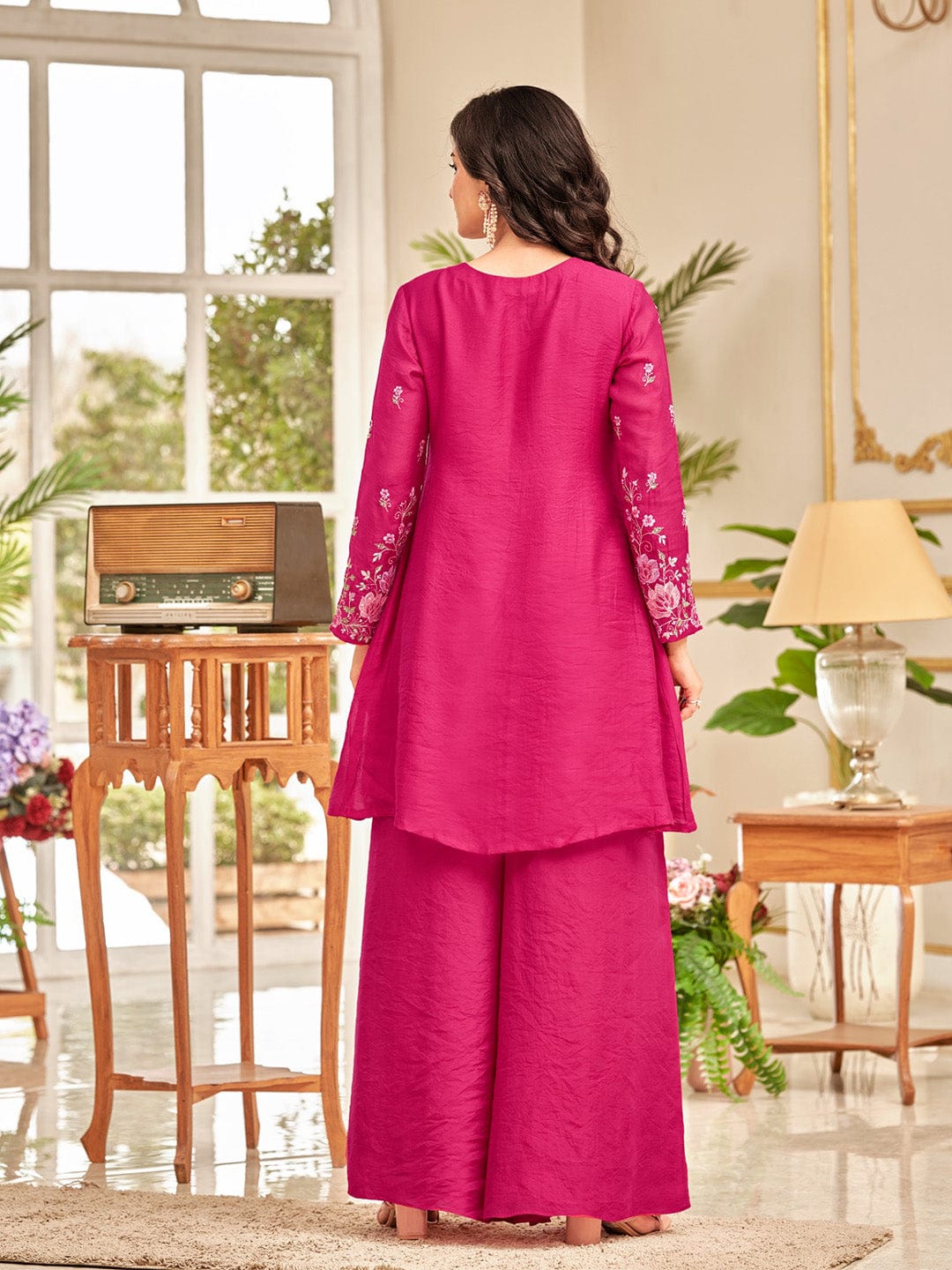 Floral Motif Thread Embroidered Flared Kurta With Palazzo