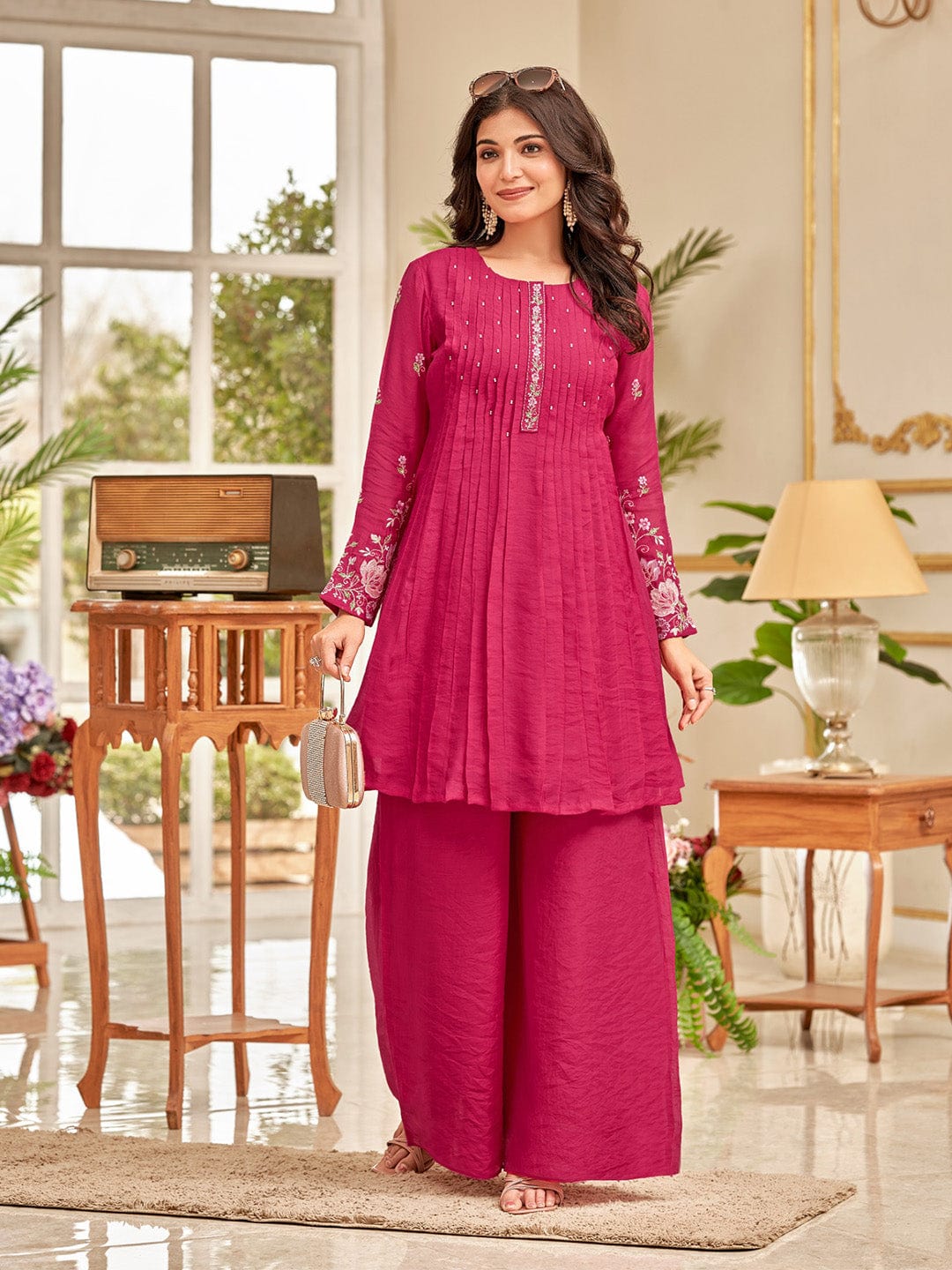 Floral Motif Thread Embroidered Flared Kurta With Palazzo