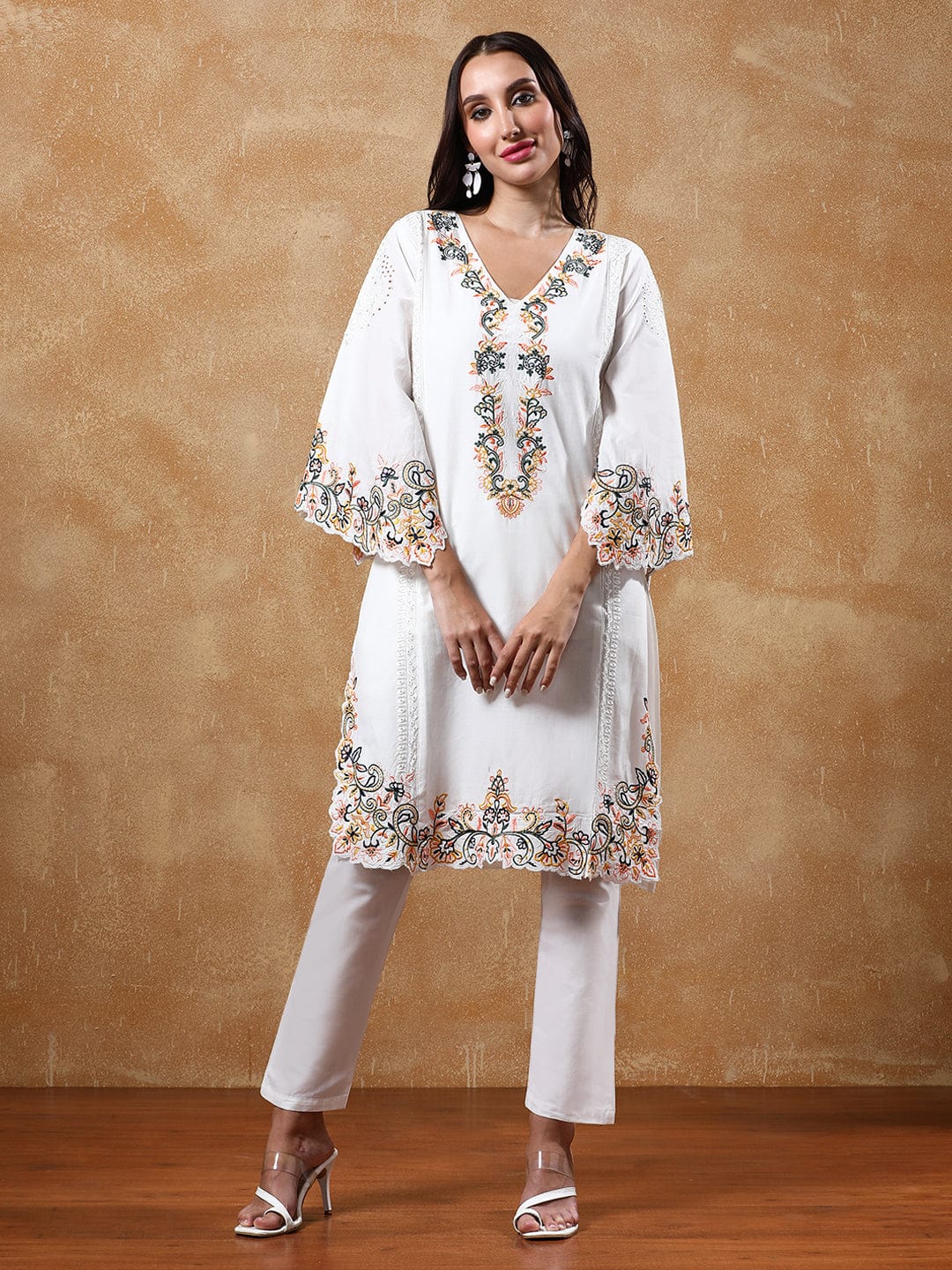 Varanga Floral Embroidered Pure Cotton Flared Sleeves V-Neck Straight Kurta with Trousers