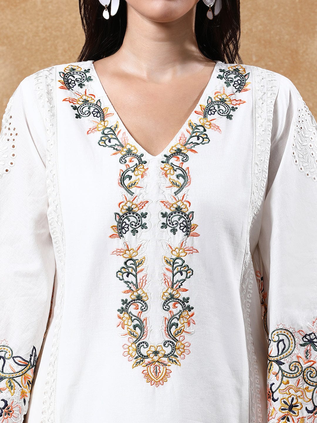 Varanga Floral Embroidered Pure Cotton Flared Sleeves V-Neck Straight Kurta with Trousers
