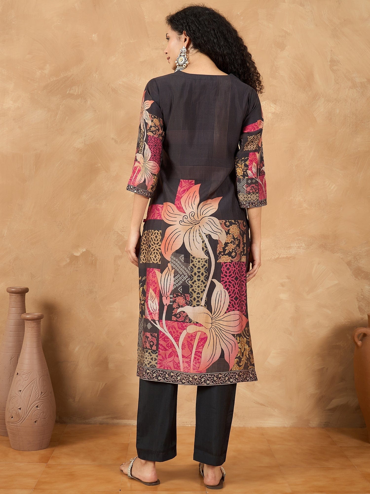 Varanga Women Floral Printed Kurta With Embellishment On One Side Of Neck And Sleeve Hem With Solid Trousers