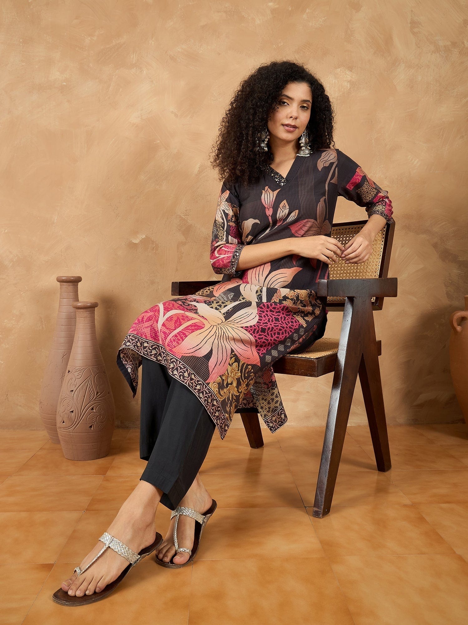 Varanga Women Floral Printed Kurta With Embellishment On One Side Of Neck And Sleeve Hem With Solid Trousers