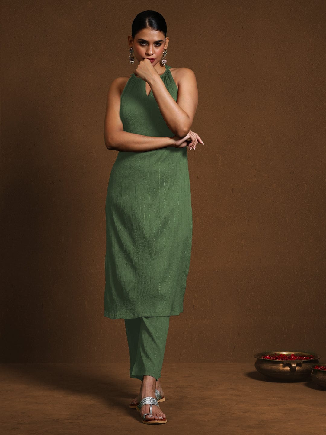 Green Solid Halter Neck Kurta Set