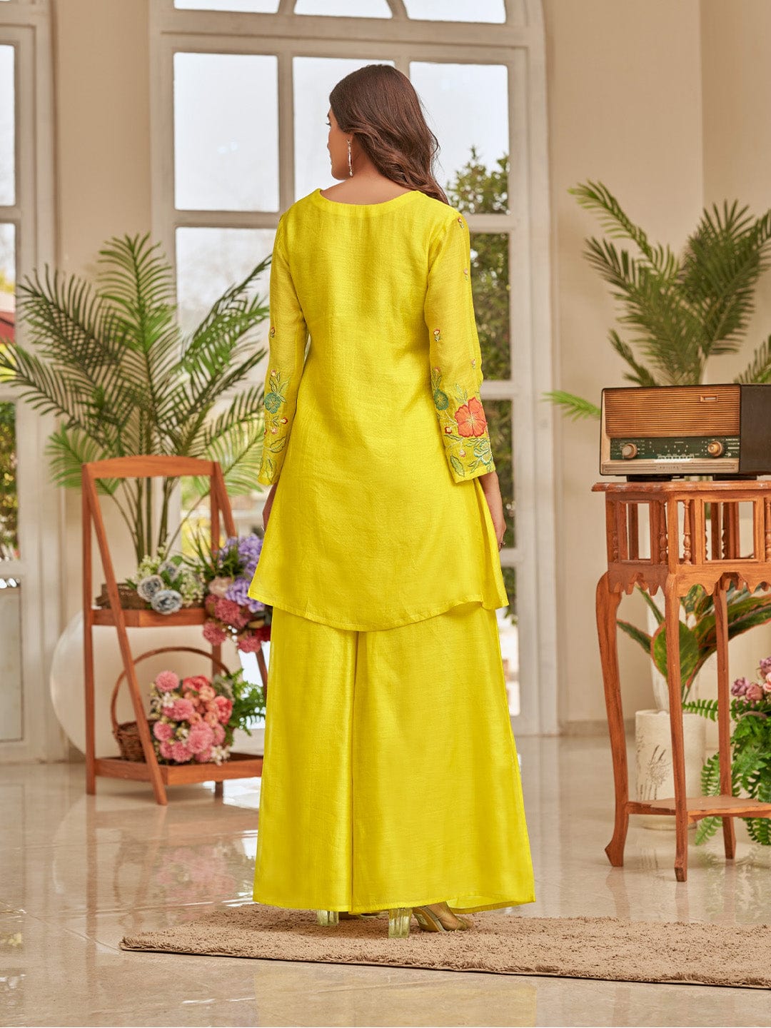 Floral Thread Embroidered Yoke Flared Kurta With Palazzo