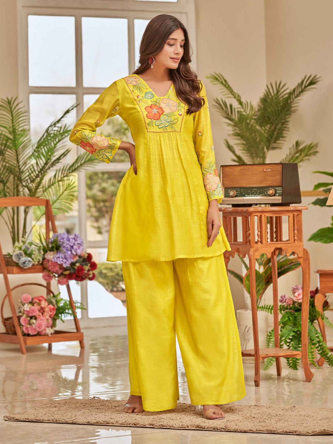 Floral Thread Embroidered Yoke Flared Kurta With Palazzo