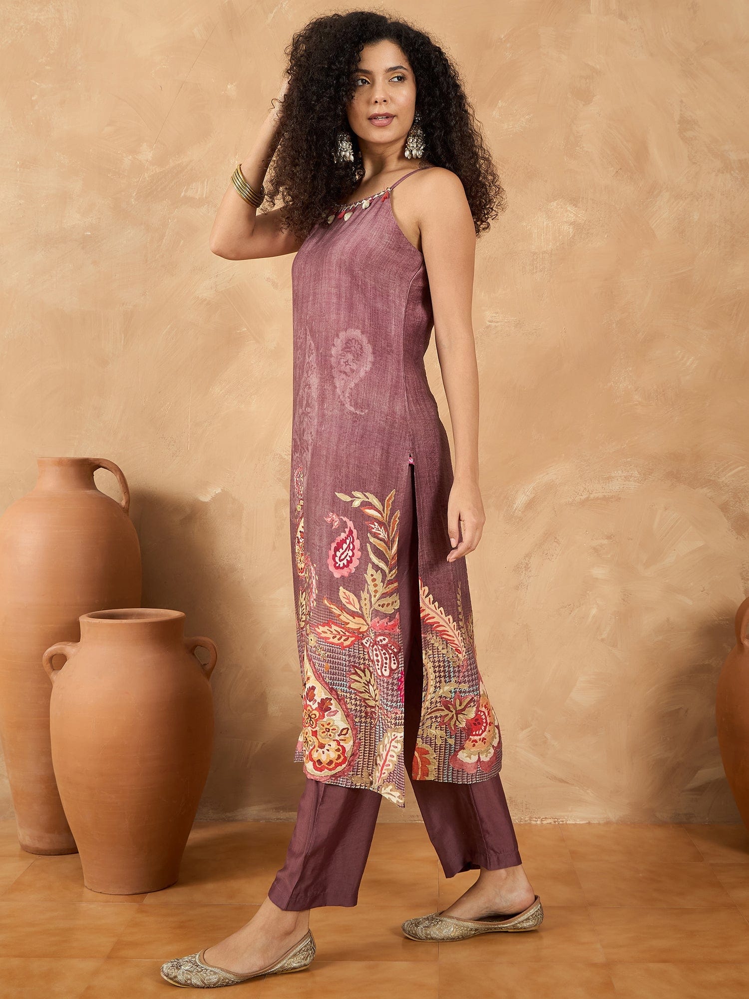 Varanga Women Spaghetti Strap Straight Floral Kurta With Trousers