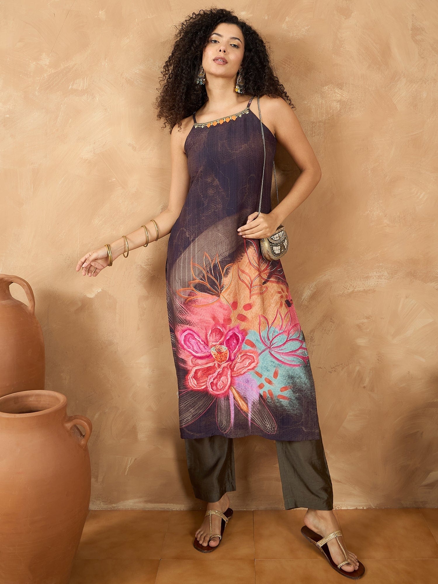 Varanga Women Spaghetti Strap Straight Floral Kurta With Trousers