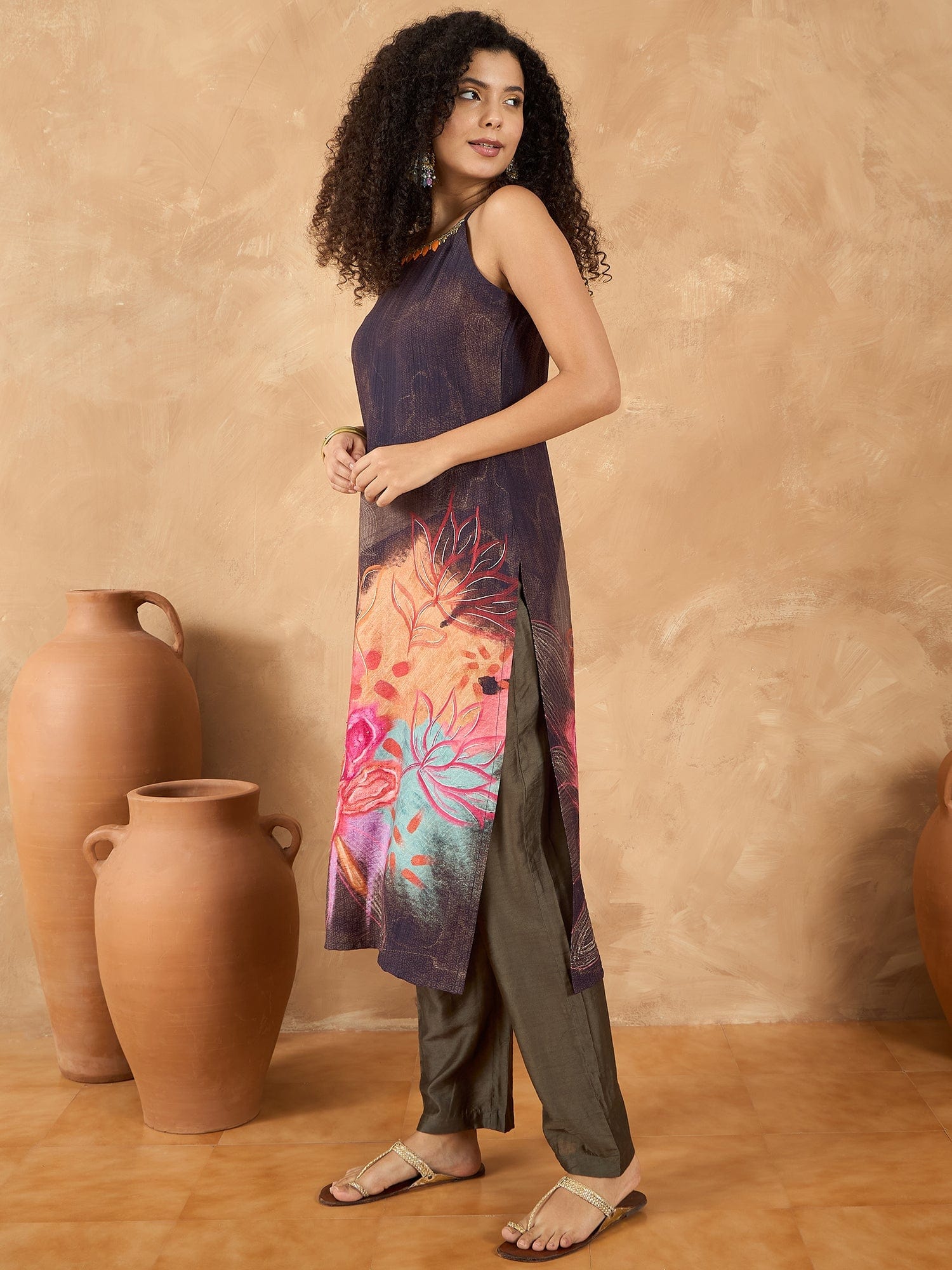 Varanga Women Spaghetti Strap Straight Floral Kurta With Trousers