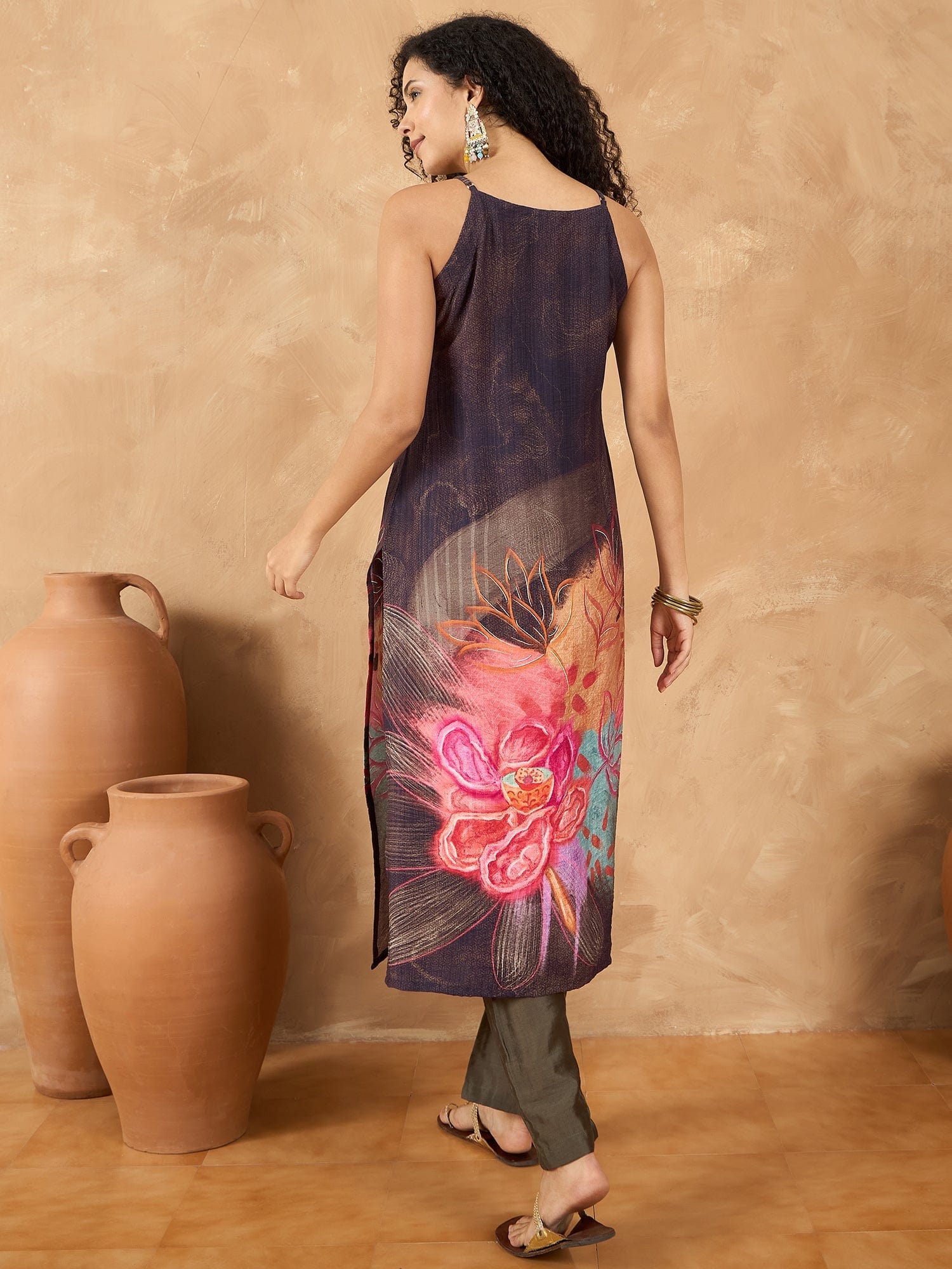 Varanga Women Spaghetti Strap Straight Floral Kurta With Trousers