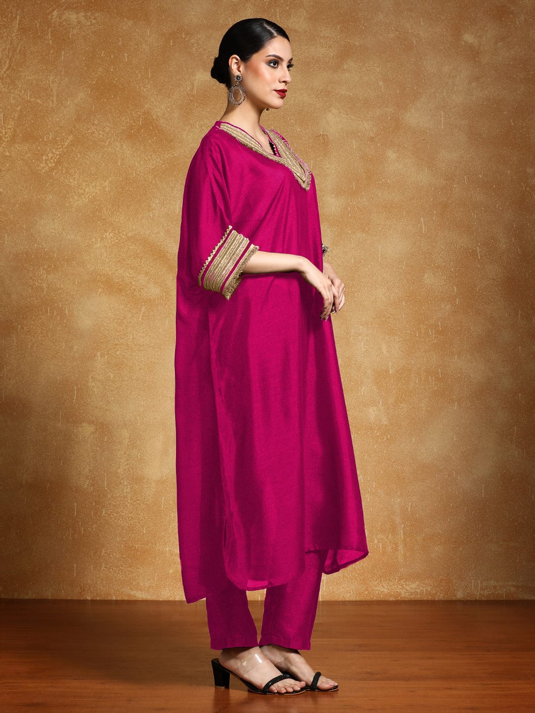 Varanga Women-Zari Embroidered Lace Neck Flared Kaftan With Trouser