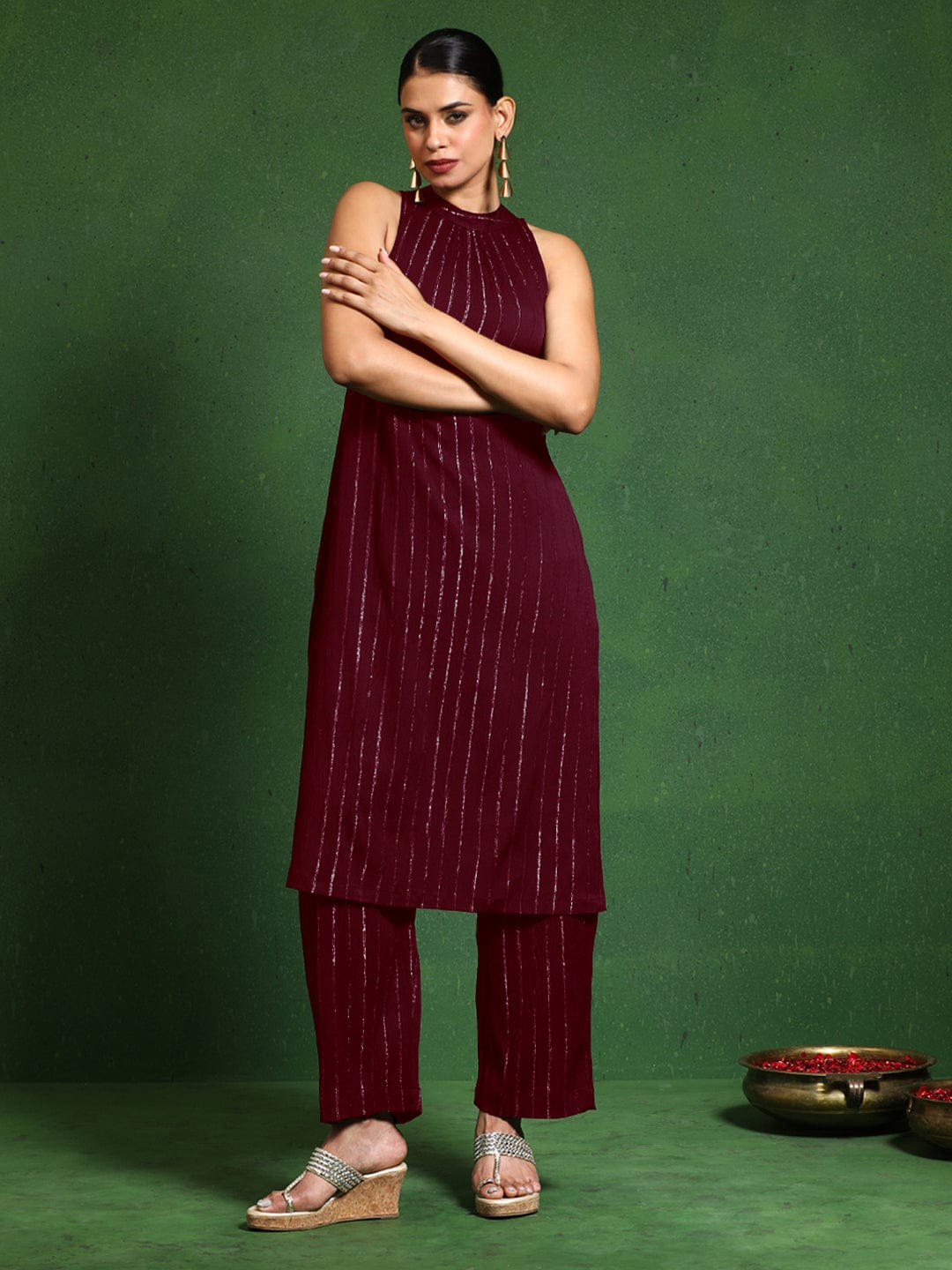 Varanga Women Halter Neck Straight Lurex Kurta with trouser