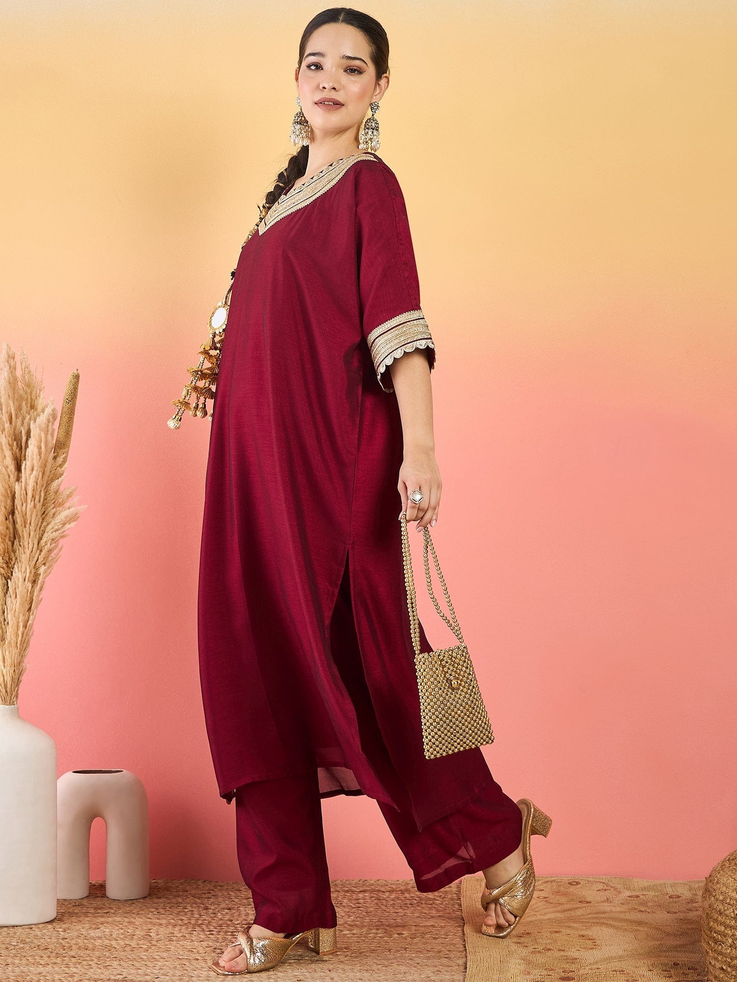 Varanga Zari Embroidered Lace Neck Flared Kaftan With Trouser